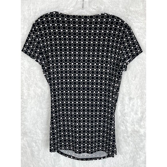 Worthington Stretch Medium Short Sleeve Black White Surplice Top Dots Circles - Picture 6 of 8